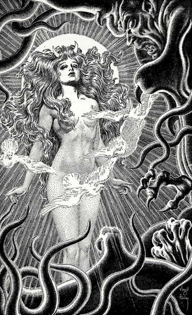 Art by Virgil Finlay for the 1949 Memorial Edition of "The Ship of Ishtar" by A. Merritt